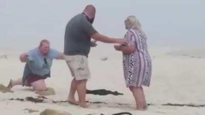 Fat women falls during proposal