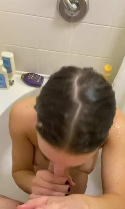 She helps him relieve his stress in the shower with a massive load