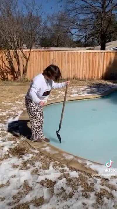 Chopping at a frozen pool and then standing on it. Classic Eleanor!
