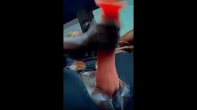 Queen Tahshaar shoves a hand-shaped dildo in her pussy and squirts in her car