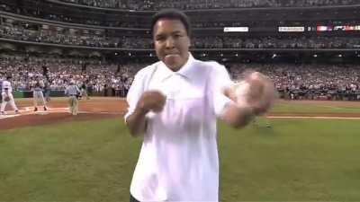 Muhammad Ali doing his famous jab uppercut combo just before throwing the first pitch of the 2004 MLB All-Star Game