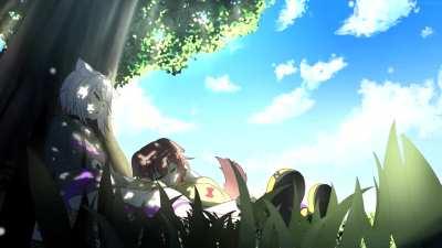 Korone and okayu under a tree