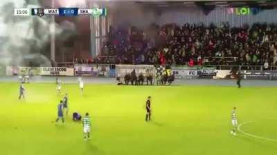 League of Ireland match between Waterford and Shamrock Rovers suspended due to fireworks detonating on the pitch and in the stands