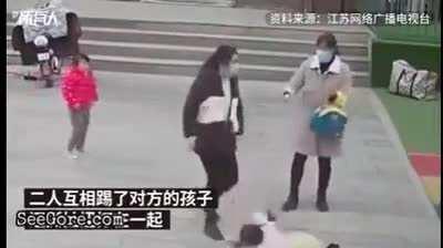 Two women kicking each other's kids