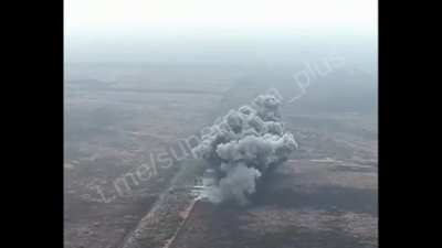 Explosion with large shock wave on treeline in Ukraine.