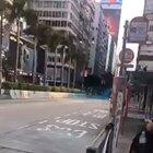 A water cannon shoots tear gas liquid mixed with blue dye towards journalists and pedestrians at the entrance of the largest Mosque in Hong Kong.